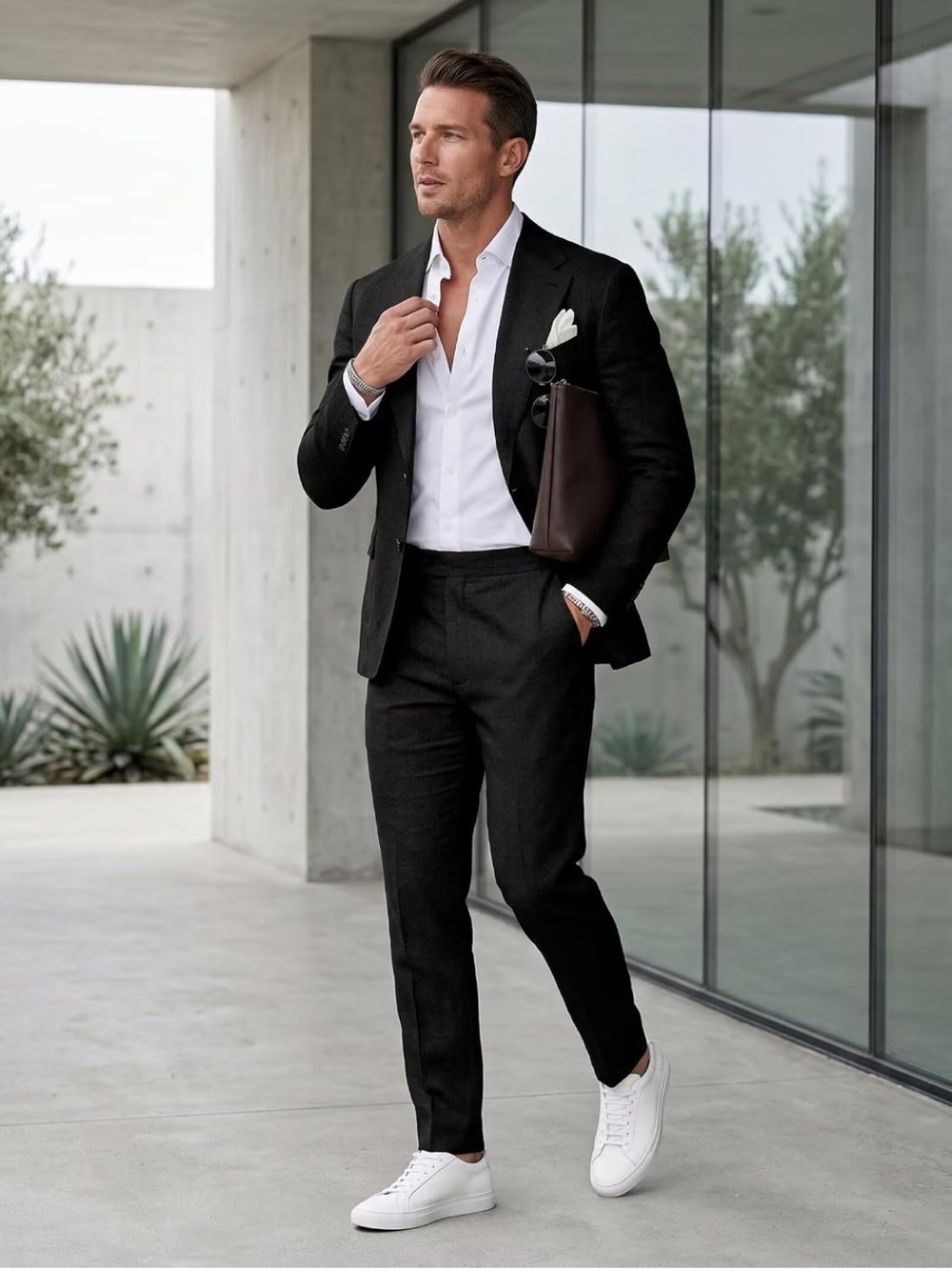 Aowdoy Men's 2 Piece Black Linen Suit casual Slim Fit L. 2740/bb17-3:v